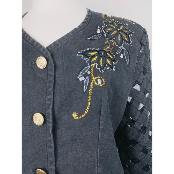 Vintage Black Linen Jacket Gold Floral Sheer Cage Sleeve Blazer / Size Medium - Picture 7 of 8